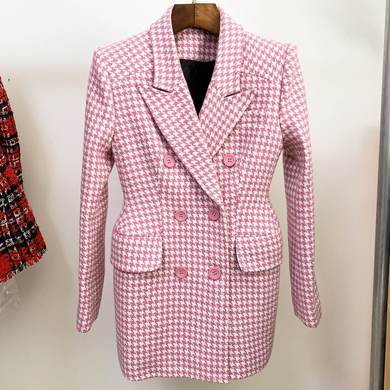 Plaid Spliced Pockets Cotton Turn-Down Collar Slim Double Breasted Fashion Womens Tweed Outerwear